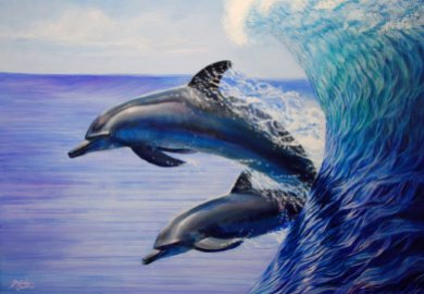 Dolphins Surf Oil painting by Melody Owens