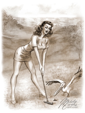 Sketch of pinup 50s style girl golfing at Pelican Hill Melody Owens