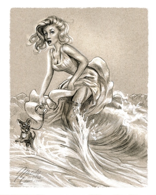 pinup sketch at the wedge retro 50s girl surprise splash